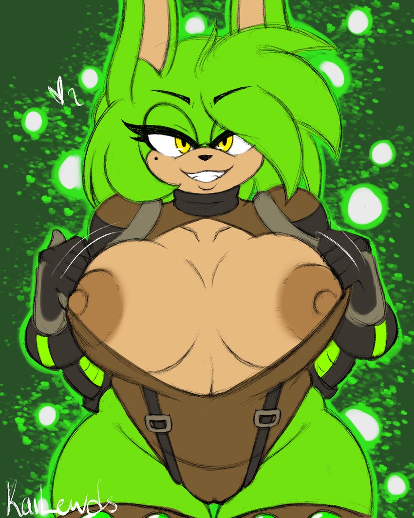 anthro areola big_breasts breasts camel_toe clothed clothing female flashing flashing_breasts fur gloves green_body green_fur green_hair hair handwear heart_symbol huge_breasts legwear leotard long_ears looking_at_viewer markings mole_(marking) nipples presenting radiation simple_background smile solo thick_thighs thigh_highs topwear yellow_eyes kailewds sega sonic_the_hedgehog_(series) fan_character lagomorph mammal 4:5 digital_media_(artwork) hi_res