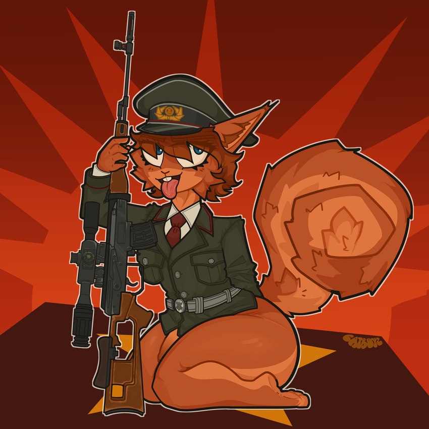 anthro barely_visible_genitalia barely_visible_penis big_butt butt clothed clothing dragunov dragunov_svd feet femboy fur genitals gun hair hair_over_eye half_clothed half_naked hat headgear headwear holding_gun holding_object holding_ranged_weapon holding_weapon looking_at_viewer male military military_cap military_clothing military_uniform penis ranged_weapon rifle simple_background skimpy smile sniper_rifle solo svd tail thick_thighs tongue tongue_out topwear uniform weapon catboyz german_democratic_republic komissar_karl mammal rodent sciurid tree_squirrel 1:1 absurd_res digital_media_(artwork) hi_res