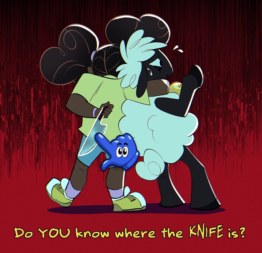 afro_puffs anthro arm_around_neck black_body bodily_fluids bottomwear clothing dark_body dark_hair dark_skin duo female floppy_ears footwear fur hair holding_knife holding_object hooved_hands hooves hug hugging_another knife knife_behind_back male male/female narrowed_eyes nervous_sweat question question_mark rear_view red_background shadow shirt shoes shorts simple_background standing sweat sweatdrop text topwear white_body white_fur white_hair white_wool wool_(fur) young krossan_(artist) amanda_the_adventurer amanda_(amanda_the_adventurer) wooly_(amanda_the_adventurer) bovid caprine human mammal sheep english_text hi_res shaded