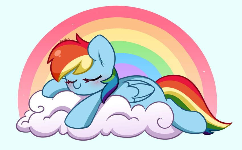 big_ears blue_background blue_body blush cloud eyelashes eyes_closed feathered_wings feathers female feral folded_wings hair multicolored_hair multicolored_tail rainbow rainbow_hair rainbow_tail simple_background smile solo tail wings kittyrosie friendship_is_magic hasbro my_little_pony mythology rainbow_dash_(mlp) equid equine mammal mythological_creature mythological_equine pegasus absurd_res hi_res signature