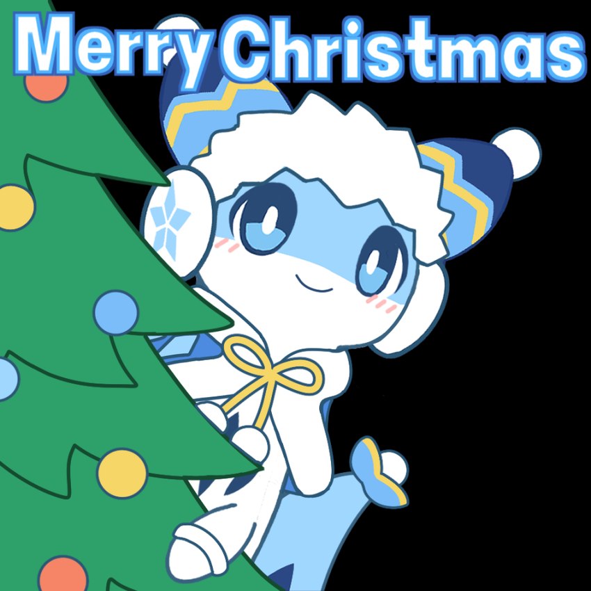 ambiguous_gender blue_body blue_eyes blue_fur blue_markings blush christmas_clothing christmas_tree clothing countershade_torso countershading feral fur holidays markings plant smile solo sticker_pack tree white_body white_fur flong christmas palworld pocketpair chillet mammal mustelid pal_(species) 1:1 2024 alpha_channel digital_media_(artwork)