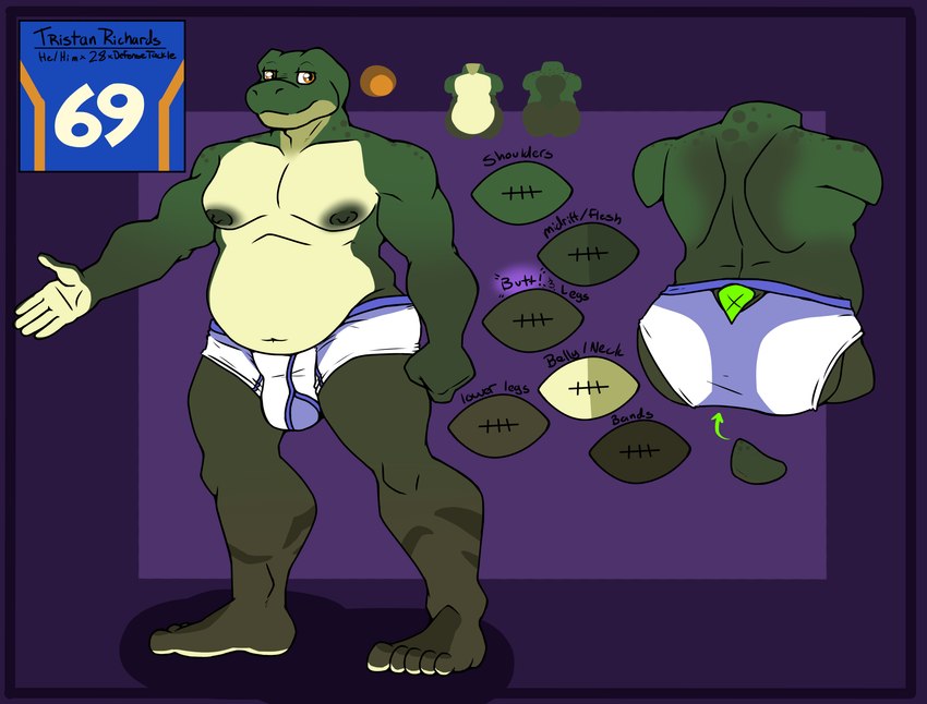 briefs bulge butt clothed clothing detailed_bulge football_jersey football_player male muscular nipples overweight stocky text underwear underwear_only sylvanedadeer tristan_richards american_bullfrog amphibian frog absurd_res english_text hi_res