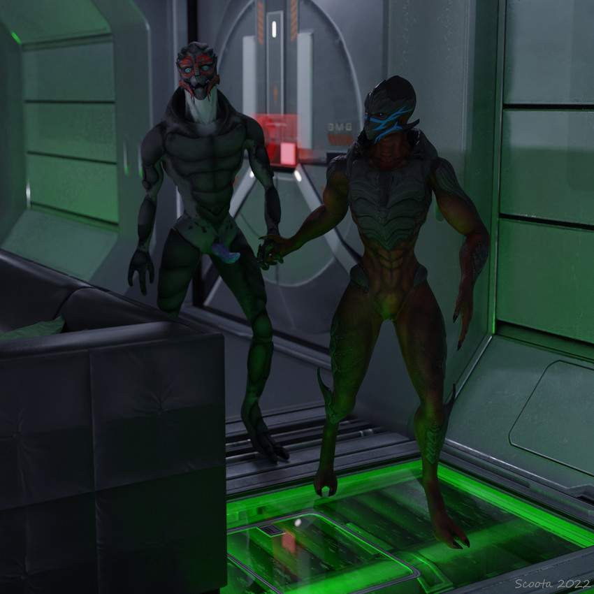 duo erection female furniture genitals hand_holding inside male male/female nude penis sofa standing vulva scoota bioware electronic_arts mass_effect alien turian 1:1 3d_(artwork) absurd_res digital_media_(artwork) hi_res