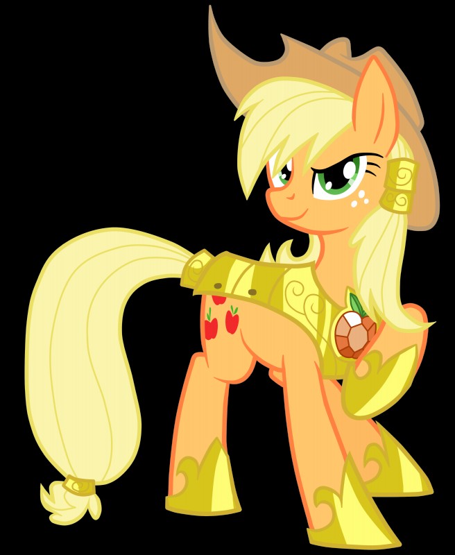 armor blonde_hair cutie_mark female feral freckles fur green_eyes hair looking_at_viewer simple_background smile solo transparent_background goatanimedatingsim friendship_is_magic hasbro my_little_pony applejack_(mlp) earth_pony equid equine horse mammal pony absurd_res alpha_channel hi_res