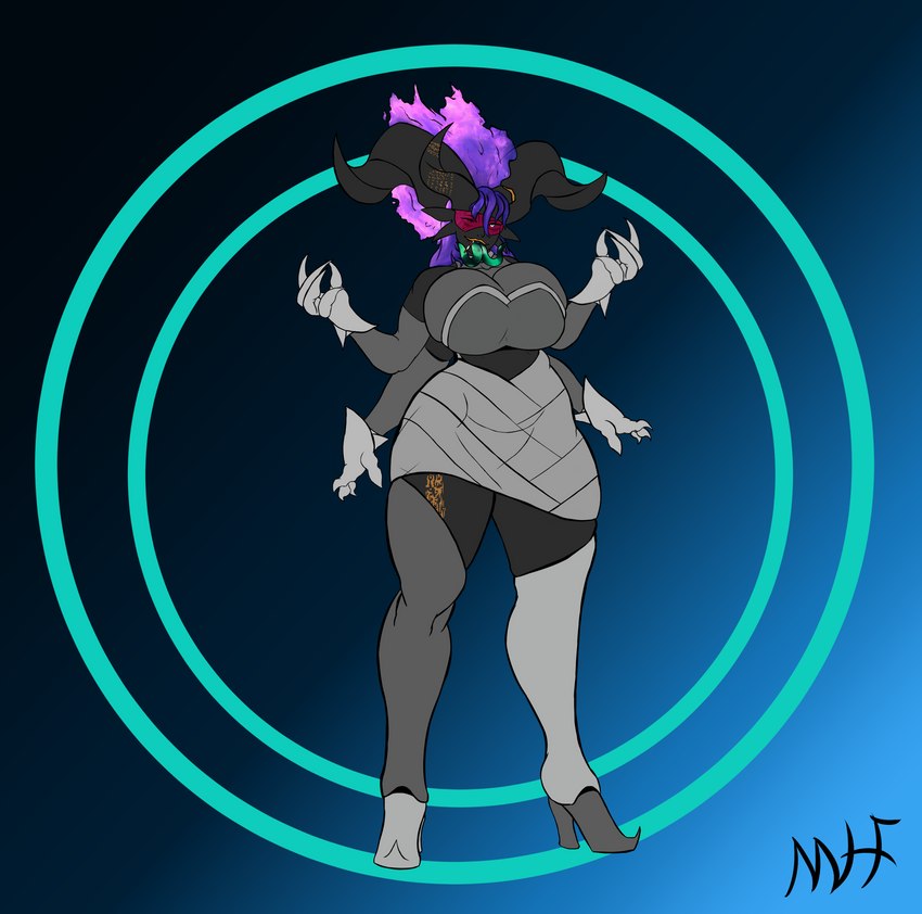 3_horns 4_arms big_breasts black_body black_horn bottomwear breasts clothing female fire flaming_hair footwear forked_tongue green_tongue hair high_heels horn looking_at_viewer multi_arm multi_horn multi_limb open_mouth pseudo_hair purple_hair shoes simple_background skirt solo standing thick_thighs tongue maliborg demon horned_humanoid humanoid absurd_res hi_res