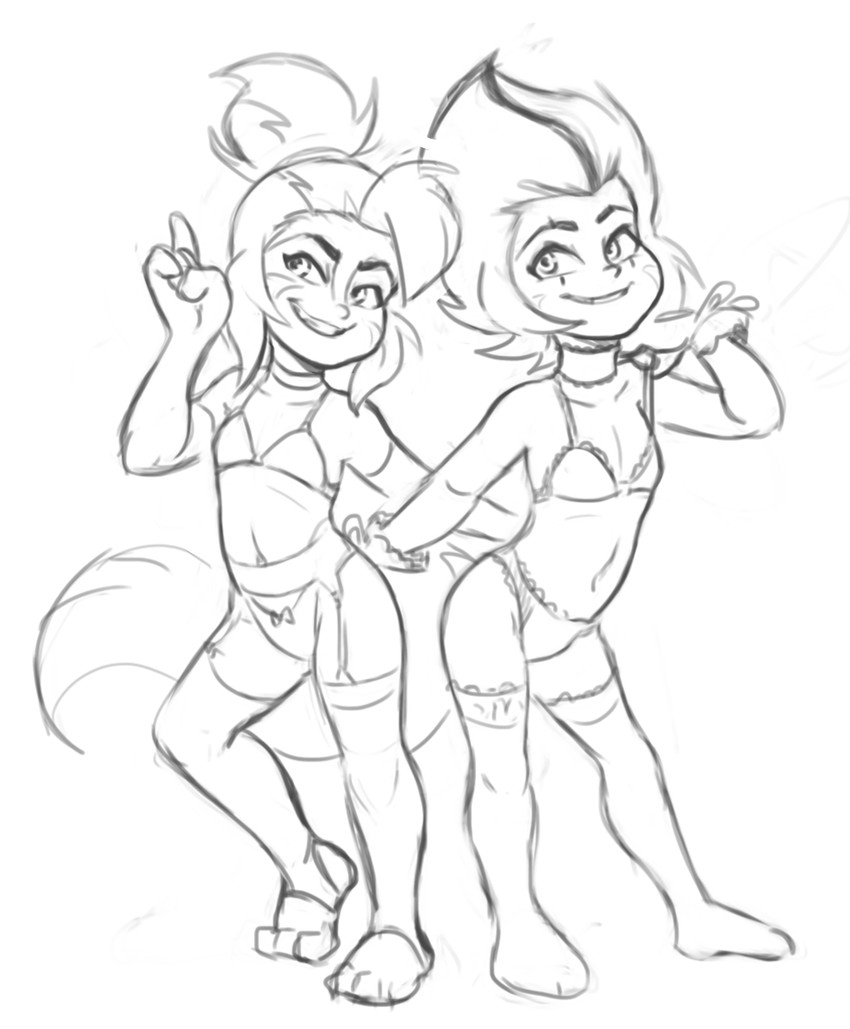 3_toes 4_fingers alternate_universe bra choker clothing duo feet female female/female fingers flat_chested garter_belt garter_straps gloves hair handwear jewelry legwear looking_aside navel necklace panties ponytail simple_background tail thigh_highs toeless_legwear toeless_stockings toes toothy_grin underwear white_background young young_female dogyd thundercats thundercats_2011 wilykit animal_humanoid cat_humanoid felid felid_humanoid feline feline_humanoid humanoid mammal mammal_humanoid 2020 digital_drawing_(artwork) digital_media_(artwork) full-length_portrait hi_res monochrome portrait sketch