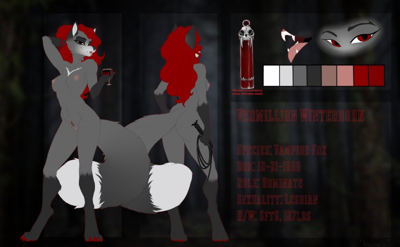 4_toes 5_fingers anthro areola breasts eyebrows eyelashes feet female fingers fur genitals grey_body grey_fur hair nipples pussy red_eyes red_hair solo text toes whip omesore vermillion canid canine fox mammal vampire 2019 digital_media_(artwork) english_text hi_res model_sheet