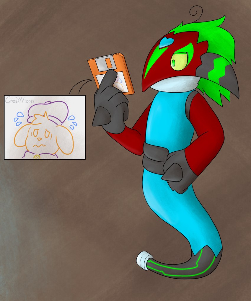 after_transformation anthro blue_body bodily_fluids female floppy_disk heart_(marking) holding_object legless looking_at_object male markings simple_background solo sweat sweatdrop tron_lines crizbn neopets hayati computer_virus_(species) digital_creature neopet_(species) royal_neopet zafara_(neopets) 5:6 absurd_res hi_res