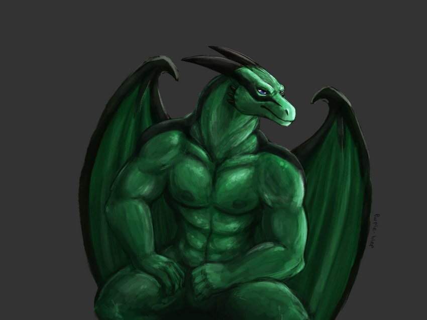 anthro green_body green_scales male markings membrane_(anatomy) membranous_wings muscular muscular_male nipples non-mammal_nipples scales simple_background sitting solo wings purple-blep gigachad mythology mercrantos_(character) dragon mythological_creature mythological_scalie scalie hi_res meme reaction_image