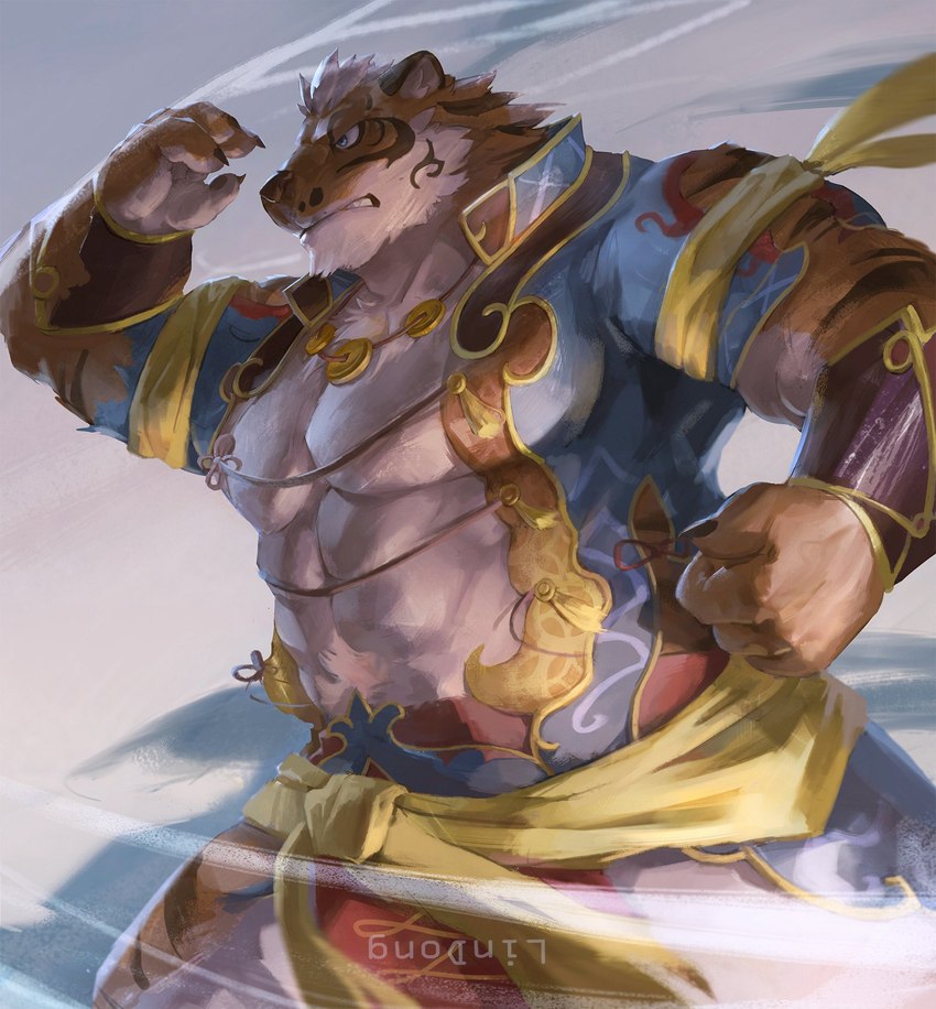 clenched_teeth fist grey_background lunge male pecs serious_face simple_background solo teeth wind lindong nekojishi studio_klondike lin_hu felid mammal pantherine tiger hi_res