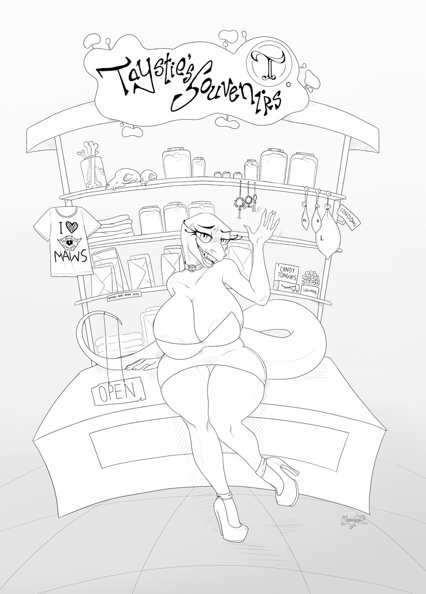 anthro areola areola_slip big_breasts blush bodily_fluids bone breasts candy clothing cocktail_dress collar condom container cum dessert dress eyelashes female filled_condom food footwear genital_fluids gesture high_heels jar long_eyelashes looking_at_viewer market_stall pupils sexual_barrier_device sharp_teeth shoes sitting_on_counter skull slit_pupils smile solo storefront teeth tight_clothing tight_dress waving misscaine taystie_park salisha amphibian salamander digital_media_(artwork) hi_res monochrome