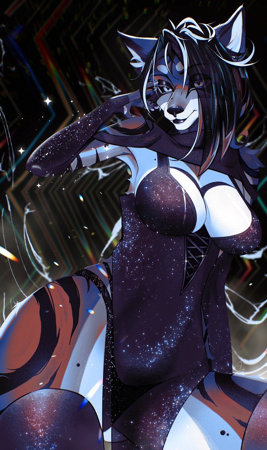 anthro big_breasts black_clothing black_nose black_sclera black_thong black_underwear blue_body blue_eyes blue_fur blue_hair breasts chromatic_aberration clothing dress female fingerpads fur grey_body grey_fur hair inner_ear_fluff markings mole_(marking) pawpads purple_clothing purple_dress purple_hair purple_scarf scarf seductive smile solo sparkles spots striped_body striped_fur stripes thong tuft underwear white_body white_fur aiotsu morrigan_(dak47922) canid canine mammal absurd_res hi_res portrait