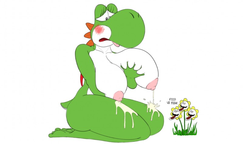 anthro big_breasts big_nose blush bodily_fluids breast_squish breasts embarrassed female flower group holding_breast huge_breasts lactating milk nipples non-mammal_breasts open_mouth plant saddle solo_focus squish text thick_thighs herroverdober mario_bros nintendo dinosaur green_yoshi prehistoric_species reptile scalie yoshi english_text hi_res