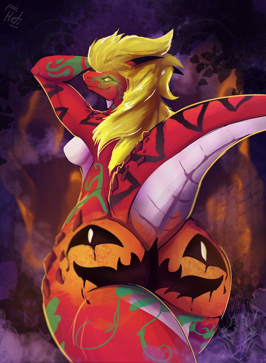 abstract_background anthro blonde_hair bodypaint breasts bubble_butt butt eyelashes female hair holidays horn jack-o'-lantern leaf long_hair looking_at_viewer looking_back looking_back_at_viewer markings mature_female nude painted_butt pumpkin_butt raised_tail rear_view red_body solo tail thick_thighs yellow_eyes yellow_sclera dragheti halloween mythology eternia_(thewanderingcreator) dragon mythological_creature mythological_scalie scalie hi_res watermark