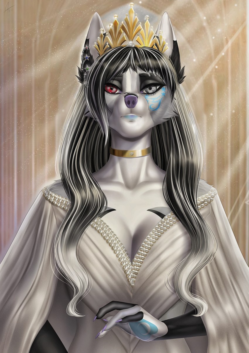 anthro black_hair breasts clothed clothing eyebrows eyelashes female fur grey_body grey_fur hair purple_nose royalty amur michka_kulestis canid canine mammal 2020 digital_media_(artwork) hi_res