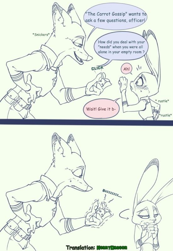 anthro blush bodily_fluids clothed clothing dialogue female male sex_toy speech_bubble sweat sweatdrop text vibrator hornydragon pokuytred disney zootopia judy_hopps nick_wilde canid canine fox lagomorph leporid mammal rabbit red_fox true_fox 2016 comic english_text hi_res translated