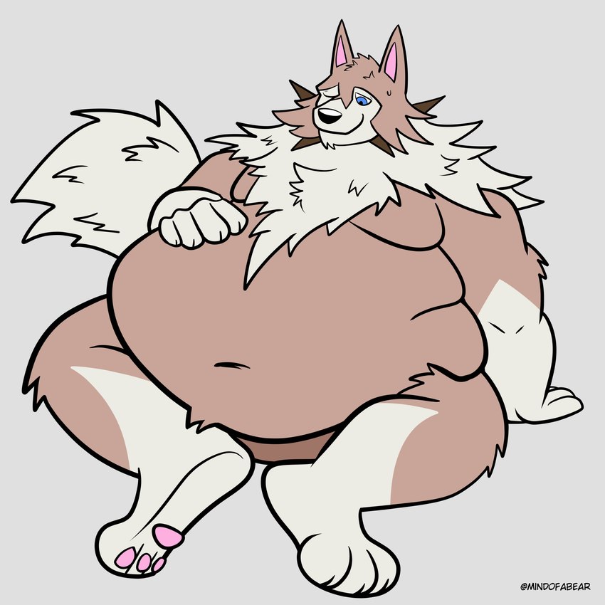 3_toes 5_fingers anthro belly big_belly blue_eyes bodily_fluids feet fingers fluffy fur grey_background hand_on_belly huge_belly leaning leaning_backward leaning_on_arm looking_at_belly looking_down looking_down_at_self love_handles male multicolored_body multicolored_fur navel neck_tuft nude one_eye_closed overweight overweight_anthro overweight_male pawpads pink_inner_ear pink_pawpads simple_background sitting solo sweat sweatdrop tan_body tan_fur toes tuft twitter_handle two_tone_body two_tone_fur mindof nintendo pokemon canid canine generation_7_pokemon lycanroc mammal midday_lycanroc pokemon_(species) 1:1 absurd_res hi_res