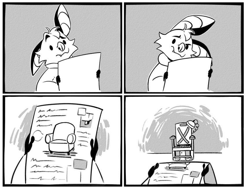 anthro big_ears border chair comic_panel confusion electric_chair furniture humor instruction instructions joke male manual paper pointy_nose sofa solo white_border kristalkarma danglebat dan_(danglebat) bat mammal absurd_res comic greyscale hi_res monochrome