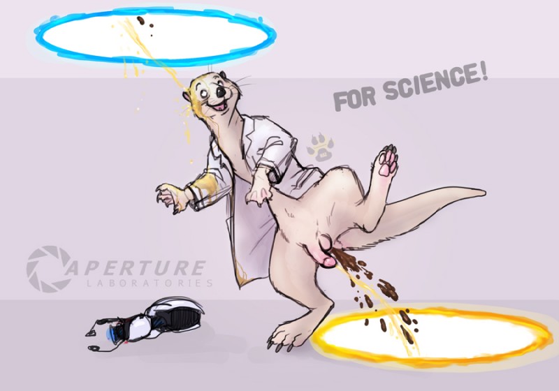 anthro balls black_nose bodily_fluids bottomless circumcised claws clothed clothing coat eyebrows fangs feces fur genital_fluids genitals happy lab_coat looking_up male membrane_(anatomy) on_one_leg open_mouth partially_clothed pawpads peeing peeing_on_face peeing_on_self penis pink_pawpads pooping portal portal_gun scatplay soiling solo standing teeth thinking_with_portals topwear urine urine_on_face urine_on_own_face urine_on_self watersports webbed_hands wetting whiskers white_body white_fur hazardouskink aperture_science portal_(series) valve mammal mustelid otter