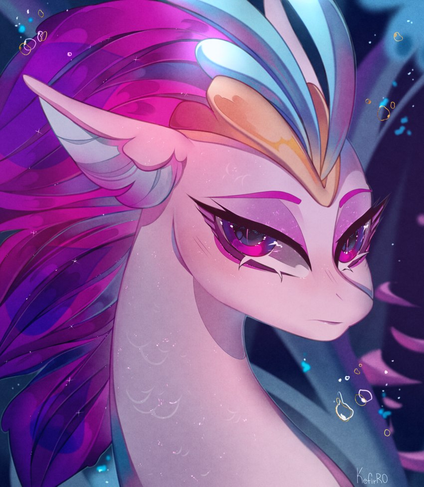 bubble ear_fins eyebrows eyelashes female feral fin hair multicolored_hair pink_eyes pink_hair purple_hair scales solo text underwater water white_body white_scales kefirro7 european_mythology friendship_is_magic greek_mythology hasbro my_little_pony my_little_pony:_the_movie_(2017) mythology queen_novo_(mlp) equid hippocampus mammal marine absurd_res bust_portrait digital_media_(artwork) english_text hi_res portrait signature