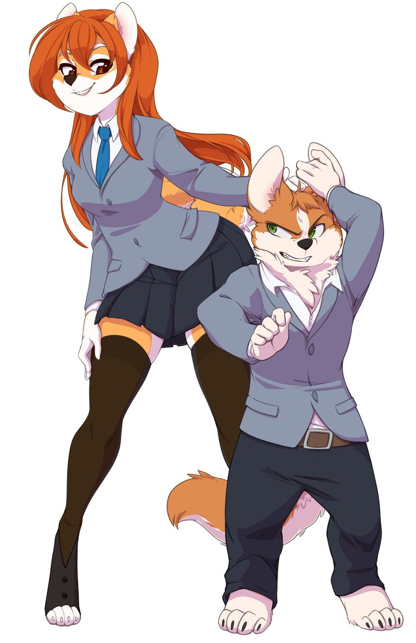 4_toes 5_fingers angry annoyed anthro biped bottomwear breasts brown_eyes chest_tuft clothing digitigrade duo feet female fingers footwear fur furgonomics green_eyes hair larger_female legwear long_hair looking_down low_pants male male/female miniskirt neck_tuft necktie orange_hair school_uniform simple_background size_difference skindentation skirt smaller_male smile smug socks squish suit tail tail_through_skirt tan_body tan_fur thigh_highs thigh_squish toeless_footwear toeless_socks toes tuft uniform white_background white_body white_fur wide_hips yellow_body yellow_fur spazzykoneko canid canine canis domestic_dog herding_dog mammal pastoral_dog shiba_inu spitz welsh_corgi digital_media_(artwork) hi_res shaded