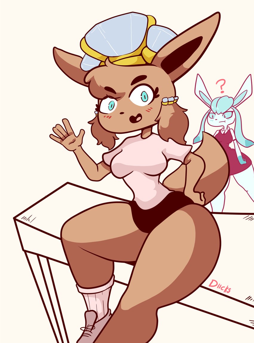 anthro blue_eyes blush breasts brown_body brown_fur clothed clothing crown duo female fur gesture hair headgear looking_at_viewer open_mouth question_mark simple_background sitting smile solo_focus thick_thighs waving waving_at_viewer diicks nintendo pokemon glacee_(diives) vee_(diives) canid canine eevee eeveelution generation_1_pokemon generation_4_pokemon glaceon mammal pokemon_(species) terastallization absurd_res digital_media_(artwork) hi_res