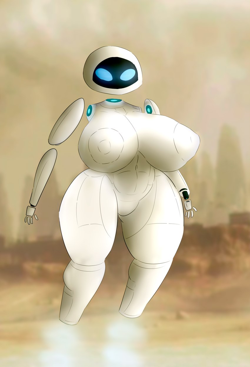 5_fingers anthro anthrofied big_breasts blue_eyes blurred_background breasts curvy_figure duo empty_eyes female fingers fire_extinguisher flying hourglass_figure huge_breasts huge_hips low-angle_view machine multicolored_body noseless not_furry screen screen_face solo thick_thighs two_tone_body white_body wide_hips mantrinrus disney pixar wall-e eve_(wall-e) extraterrestrial_vegetation_evaluator humanoid robot robot_humanoid hi_res