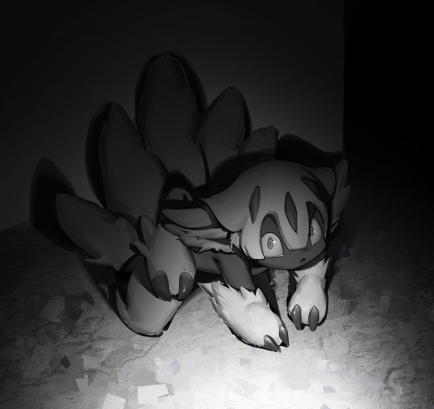 all_fours ambiguous_gender fur glistening glistening_eyes looking_at_viewer multi_tail on_ground open_mouth scared solo tail wide_eyed emolga_1 made_in_abyss faputa humanoid hi_res monochrome