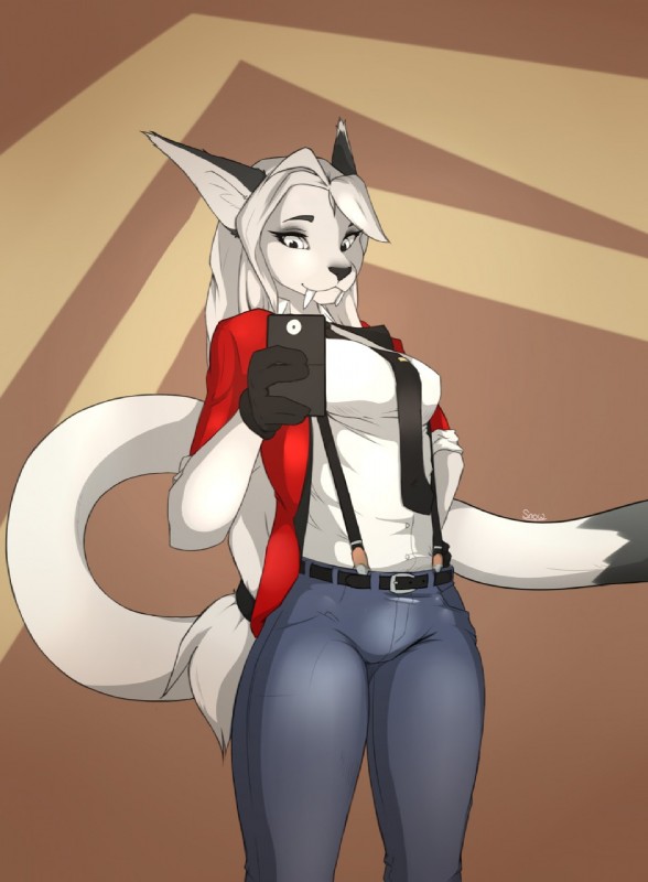 abstract_background anthro big_ears big_tail blazer bottomwear breasts clothed clothing denim denim_bottomwear denim_clothing electronics fangs female gloves hair handwear jeans long_hair necktie pants phone selfie shirt simple_background solo suspenders tail teeth topwear white_eyes white_hair charliechomp snow_(snowier) felid mammal prehistoric_species saber-toothed_tiger hi_res