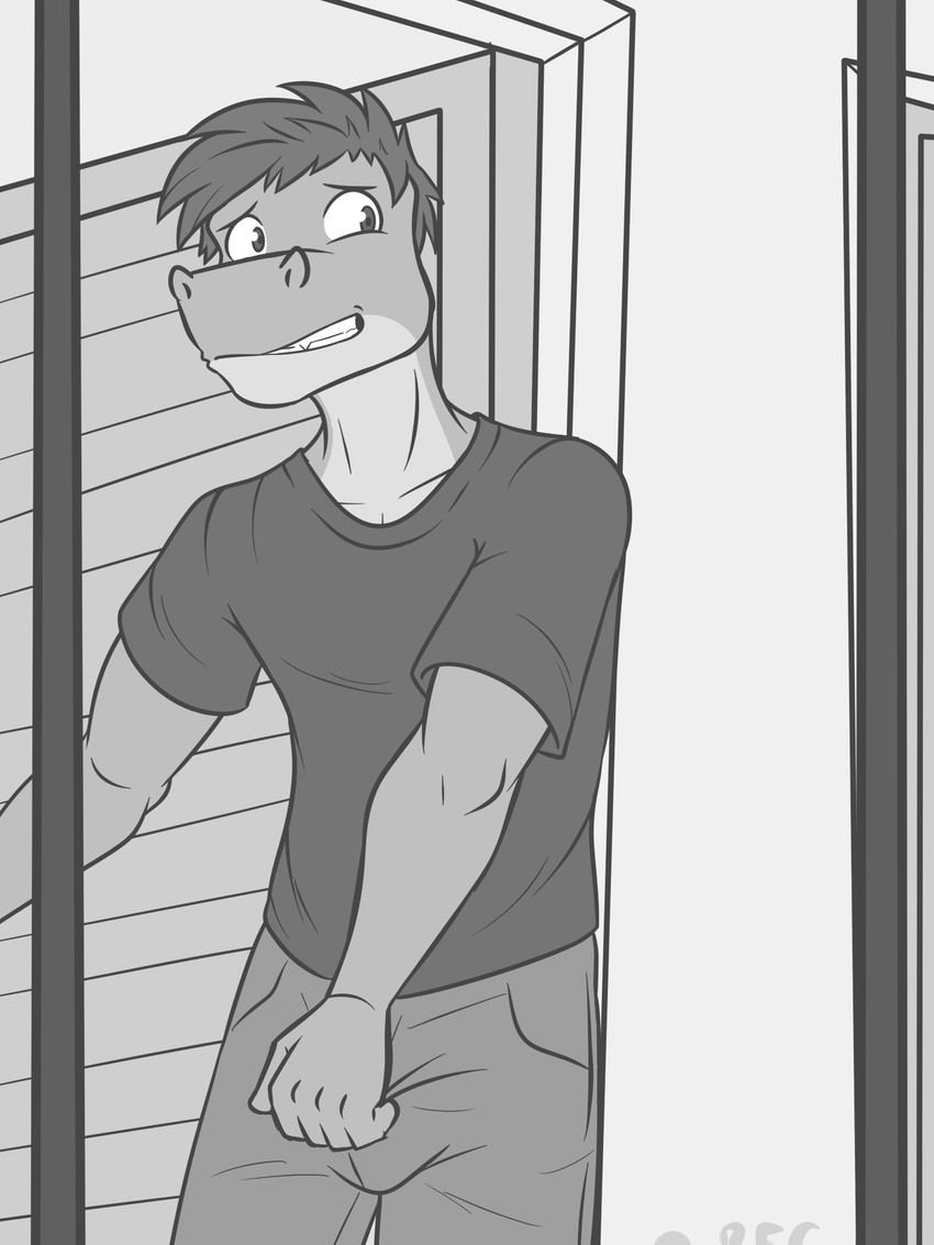 anthro bottomwear clothed clothing fully_clothed looking_back male nervous pants shirt solo t-shirt topwear fuze gabriel_(fuze) alligator alligatorid crocodilian reptile scalie 3:4 greyscale hi_res monochrome