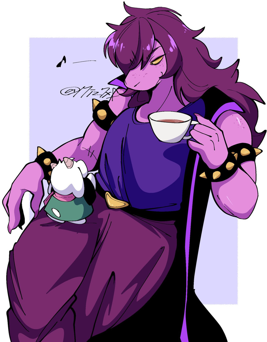 ambiguous_anthro ambiguous_gender anthro armband belt beverage biped bottomwear bracelet chibi claws cloak clothed clothing container cup duo emanata female female_anthro finger_claws floppy_ears freckles fully_clothed fur green_clothing hair hair_over_eye holding_container holding_cup holding_object holding_tea_cup horn humanoid_hands jewelry kemono larger_anthro larger_female long_hair looking_at_another monotone_body monotone_fur monotone_hair musical_note musical_symbol on_lap pants pink_horn pink_scarf purple_body purple_bottomwear purple_claws purple_clothing purple_hair purple_pants purple_shirt purple_topwear scarf shirt simple_background sitting size_difference smaller_ambiguous smaller_anthro smile snout spiked_armband spiked_bracelet spikes standing symbol tail tea tea_cup topwear white_body white_ears white_fur white_tail yellow_sclera suda deltarune undertale_(series) ralsei susie_(deltarune) bovid caprine darkner goat mammal reptile scalie 2025 colored digital_media_(artwork) hi_res portrait shaded three-quarter_portrait