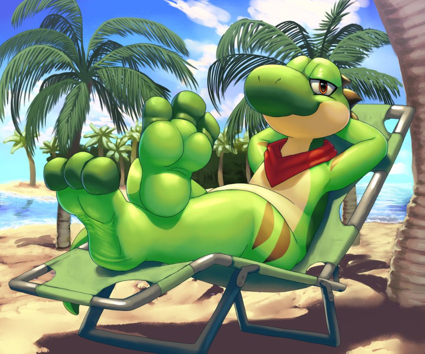 3_toes anthro barefoot beach chair cloud day detailed_background feet foot_focus furniture half-closed_eyes hindpaw male mostly_nude narrowed_eyes outside palm_tree paws plant sand scarf seaside smile soles solo toes tree water blockman3_(artist) mario_bros nintendo dinosaur green_yoshi prehistoric_species reptile scalie yoshi 2020