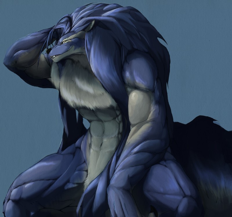 abs anthro biceps biped blue_body blue_fur blue_hair chest_fur countershading fur grin hair long_hair male mane manly muscular muscular_anthro muscular_male naturally_censored nude simple_background sitting smile solo white_body white_fur yellow_eyes ratsushi sega shining_(sega) shining_force shining_force_exa duga_(shining) canid canine canis mammal sourou_cerulean_wolf wolf 2011