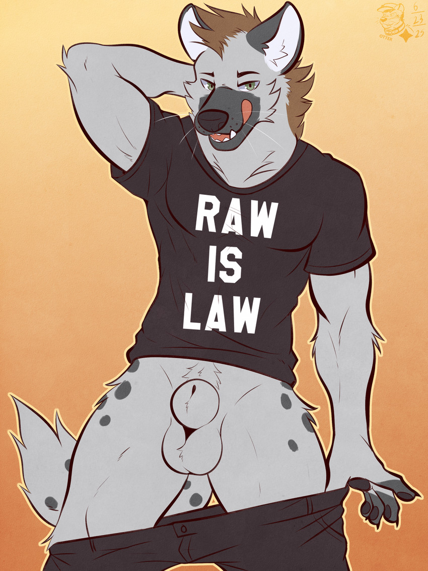 animal_genitalia anthro athletic athletic_male balls black_bottomwear black_clothing black_nose black_pants black_shirt black_t-shirt black_topwear bottomwear bottomwear_down brown_hair cheek_tuft claws clothed clothing facial_tuft fur genitals green_eyes grey_body grey_fur grey_spots hair hand_behind_head inner_ear_fluff licking licking_lips looking_at_viewer male no_underwear open_mouth pants pants_down partially_clothed partially_clothed_male pawpads pubes raised_arm seductive sheath shirt short_hair solo spots t-shirt tail teeth text text_on_clothing text_on_shirt text_on_topwear tongue tongue_out topwear tuft undressing whisker_spots whiskers white_inner_ear_fluff ventkazemaru hyena mammal 2025 dated digital_media_(artwork) english_text hi_res signature