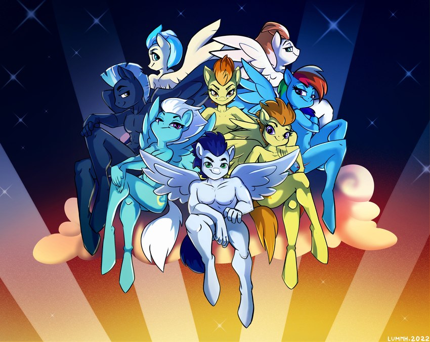 abstract_background anthro blue_hair breasts cloud convenient_censorship female group hair light looking_at_viewer male multicolored_hair nude orange_hair rainbow_hair sitting spread_wings star strategically_covered wings chilllum friendship_is_magic hasbro my_little_pony mythology firestreak_(mlp) fleetfoot_(mlp) misty_fly_(mlp) rainbow_dash_(mlp) soarin_(mlp) spitfire_(mlp) thunderlane_(mlp) wonderbolts_(mlp) equid equine mammal mythological_creature mythological_equine pegasus absurd_res digital_media_(artwork) hi_res shaded