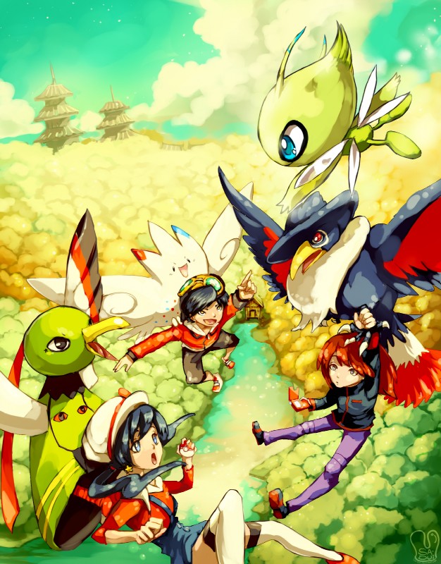 ambiguous_gender baseball_cap beak black_hair blue_eyes breasts brown_hair building clothed clothing cloud feathered_wings feathers female feral group hair hat headgear headwear house leaf male open_mouth outside plant pokedex red_eyes river sky smile star tongue tower tree water wings yellow_eyes sa-dui nintendo pokemon ethan_(pokemon) lyra_(pokemon) silver_(pokemon) avian bird celebi corvid generation_2_pokemon generation_4_pokemon honchkrow human humanoid legendary_pokemon mammal oscine passerine pokemon_(species) togekiss xatu hi_res