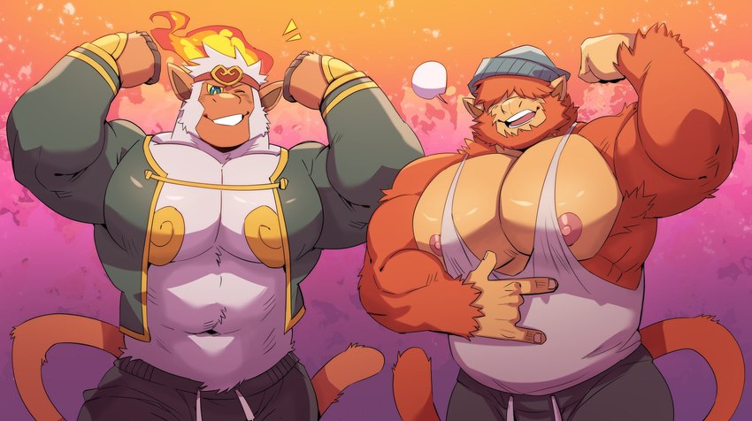 anthro barazoku beanie big_muscles big_nose big_pecs bottomwear clothed clothing duo fire flaming_hair flexing fur hair hair_over_eyes hat headgear headwear male muscular muscular_anthro muscular_male nipples open_clothing open_topwear orange_body orange_fur pecs pseudo_hair shirt tank_top topwear wide_nose wide_snout kokukokuboo nintendo pokemon generation_4_pokemon haplorhine infernape mammal monkey pokemon_(species) primate hi_res