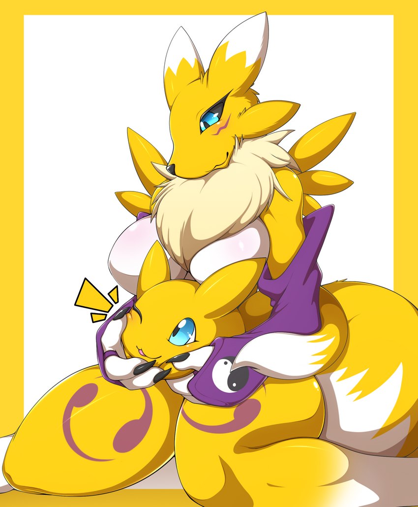 anthro black_sclera blue_eyes breasts clothing featureless_breasts female fur gloves handwear nude smile tuft white_body white_fur yellow_body yellow_fur kemojin bandai_namco digimon canid canine digimon_(species) mammal renamon viximon hi_res