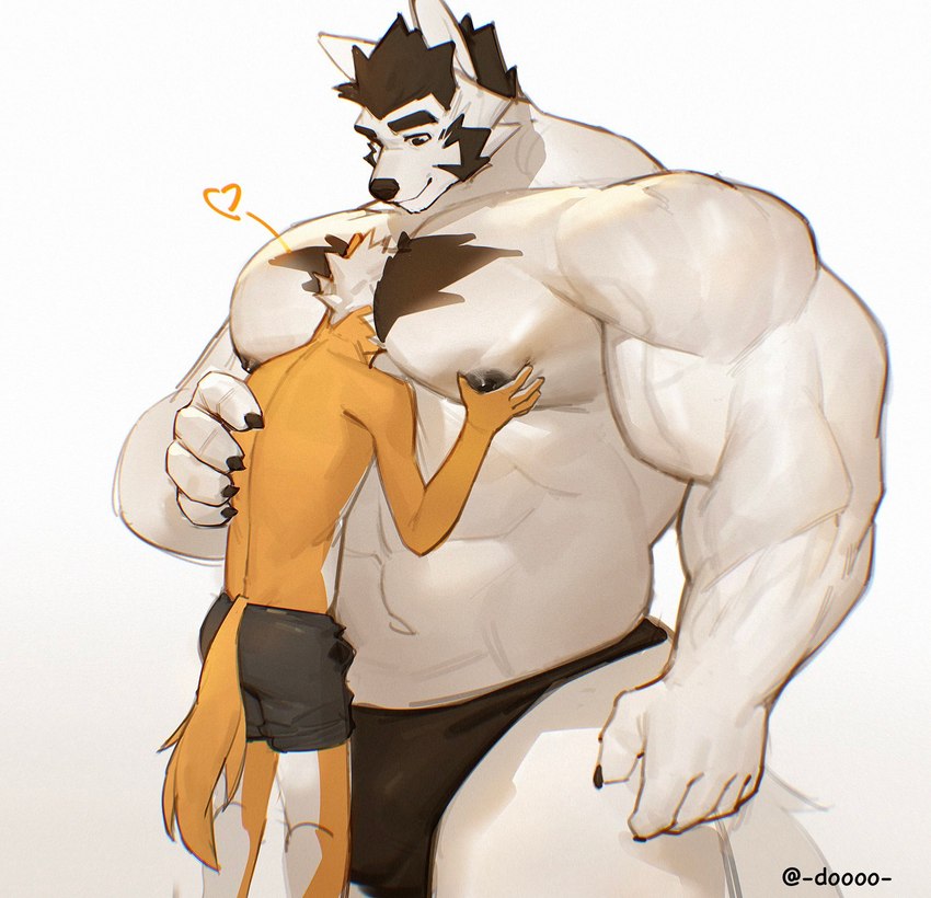 anthro bare_shoulders between_pecs biceps big_biceps big_muscles big_pecs black_body black_fur black_hair bottomwear chest_tuft clothing duo eyebrows face_in_chest fur hair head_between_pecs hug huge_muscles larger_anthro larger_male male male/male muscular muscular_anthro muscular_male orange_body orange_fur pants pec_grab pec_smothering pecs shorts size_difference tail thick_eyebrows tight_clothing triceps tuft white_body white_fur white_hair white_tail doooo2424 bear canid canine canis fox mammal wolf hi_res