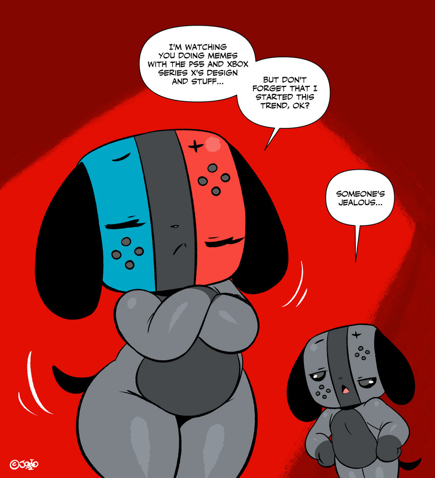 ambiguous_gender anthro crossed_arms dialogue duo eyes_closed jealous open_mouth short_stack speech_bubble text thick_thighs joaoppereiraus nintendo nintendo_switch switch_(joaoppereiraus) switch_dog switchy_(joaoppereiraus) animate_inanimate canid canine mammal 2020 digital_media_(artwork) english_text hi_res signature