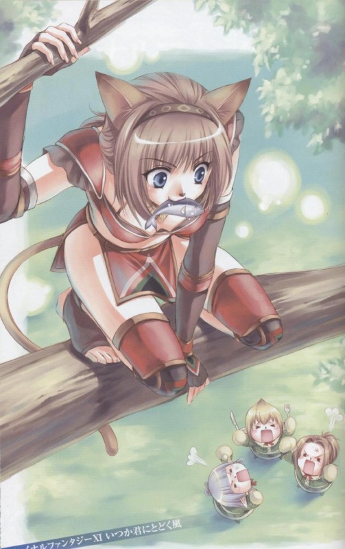 angry armor black_nose blue_eyes bodily_fluids bottomwear breasts brown_hair cleavage clothed clothing crying female group hair high-angle_view inner_ear_fluff loincloth long_hair looking_down outside plant solo_focus symbol-shaped_eyes tears text tree tuft unconvincing_armor unusual_eyes x_eyes unknown_artist final_fantasy final_fantasy_xi square_enix animal_humanoid cat_humanoid felid felid_humanoid feline feline_humanoid fish humanoid mammal mammal_humanoid marine mithra tarutaru hi_res japanese_text