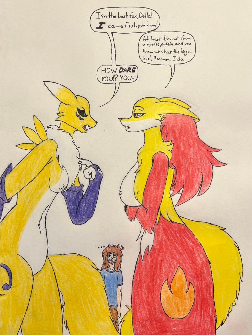 anthro argument breasts featureless_breasts featureless_crotch female fur group hair long_hair male profanity red_body red_fur simple_background trio white_body white_fur yellow_body yellow_fur dylanaildon_no_2 bandai_namco digimon nintendo pokemon della_(dylanaildon_no_2) eduardo_(dylanaildon_no_2) renamon_(dylanaildon_no_2) delphox digimon_(species) generation_6_pokemon human mammal pokemon_(species) renamon absurd_res crossover hi_res traditional_media_(artwork)