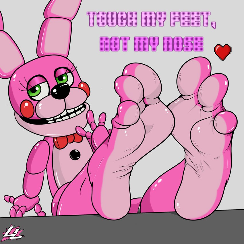 ambiguous_gender anthro feet feet_on_desk female foot_fetish foot_focus foot_on_table furniture humanoid_feet machine plantigrade simple_background smile soles solo table text lazzylad five_nights_at_freddy's scottgames sister_location bonnet_(fnafsl) animatronic lagomorph leporid mammal rabbit robot 1:1 hi_res