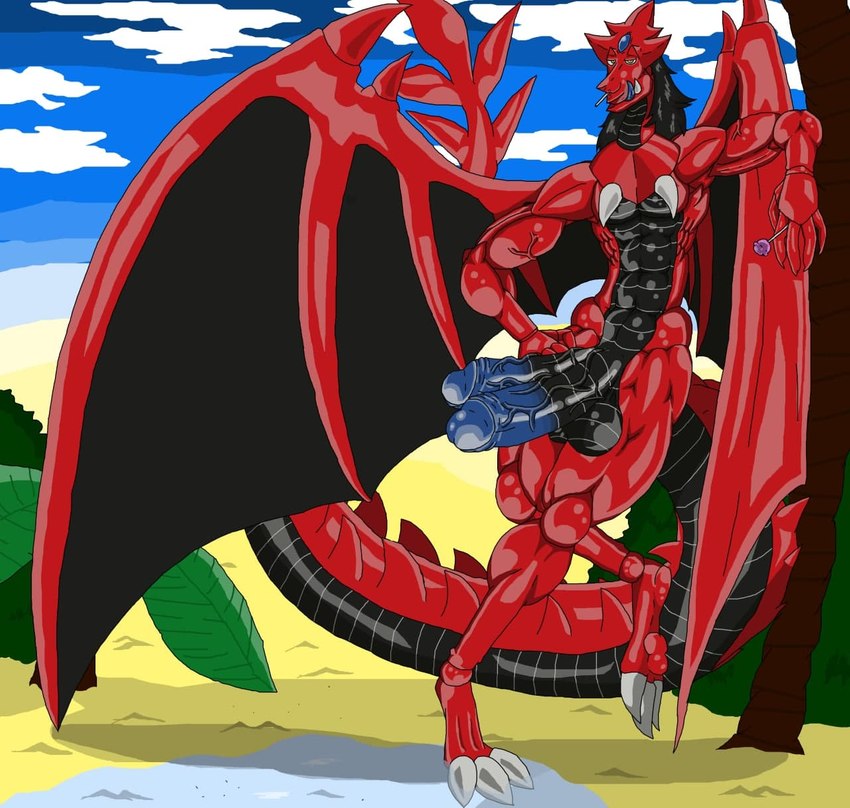 anthro balls big_balls big_wings black_body black_skin candy dessert food genitals glistening glistening_body lollipop long_tail male metalic multi_genitalia multi_penis muscular penis red_body red_skin solo tail wings amarashi mythology yu-gi-oh! slifer_the_sky_dragon dragon duel_monster egyptian_god mythological_creature mythological_scalie scalie hi_res