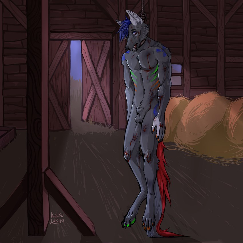 anthro barn blood blue_hair bodily_fluids bruised corpse dark death erotic_asphyxiation eyes_rolled fluffy gibbet gore grey_body grin hair hanged macabre male night pain rope smile solo suicide tears wounded kolkolukija aero_x canid canine canis mammal wolf 1:1 absurd_res hi_res