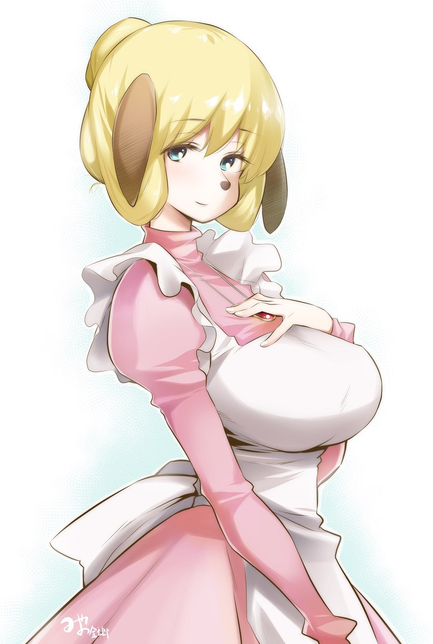 anthro apron big_breasts blonde_hair breasts clothed clothing dress female floppy_ears green_eyes hair hand_on_breast jewelry kemono looking_at_viewer necklace simple_background smile solo white_background miyano_kintarou sherlock_hound_(series) mrs._hudson canid canine canis domestic_dog mammal 2022 half-length_portrait hi_res portrait