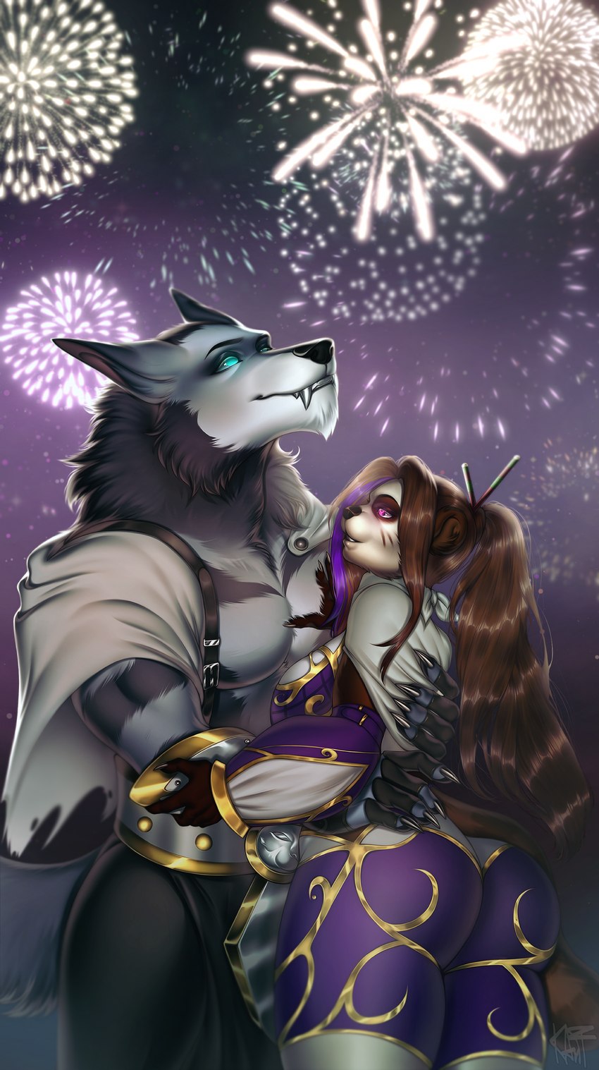 anthro big_butt black_hair brown_body brown_fur butt duo female fireworks fur grey_body grey_fur hair love male muscular purple_hair stripes darinakanfff blizzard_entertainment warcraft kita_serenestorm richter_serenestorm bear canid canine canis mammal pandaren werecanid werecreature wolf worgen absurd_res hi_res