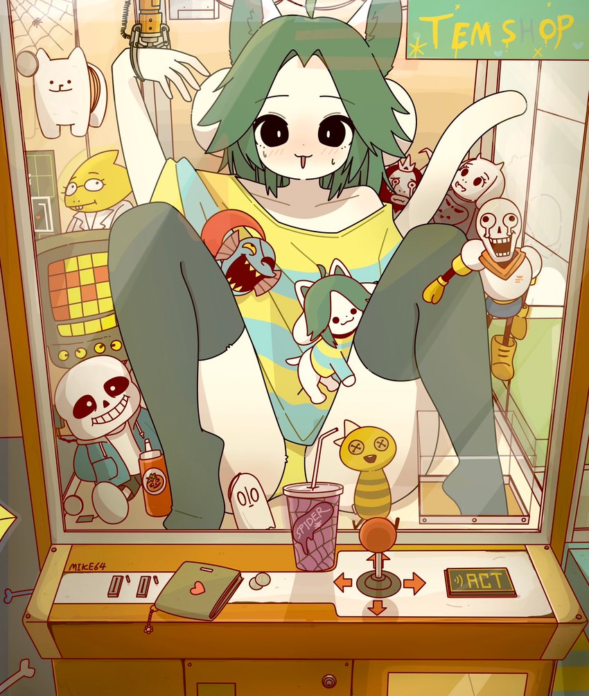 anthro bodily_fluids clothing crane_game female hair legwear looking_at_viewer panties plushie shirt solo spread_legs spreading sweat sweatdrop thigh_highs topwear underwear white_body yellow_clothing yellow_panties yellow_underwear doremifaso64 undertale undertale_(series) annoying_dog_(undertale) asgore_dreemurr mettaton monster_kid papyrus_(undertale) sans_(undertale) temmie_(undertale) toriel undyne 2025 colored digital_drawing_(artwork) digital_media_(artwork) hi_res shaded simple_shading