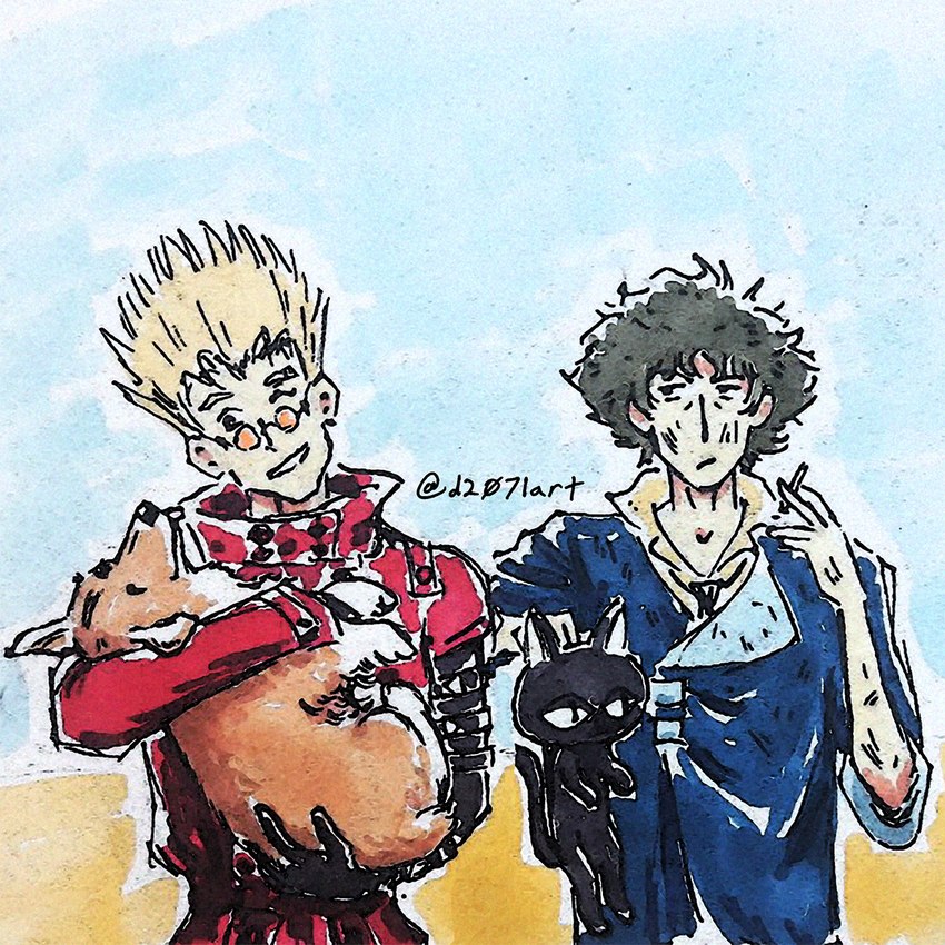 cigarette clothing coat eyewear group hair male one_eye_closed red_clothing red_coat red_topwear spiky_hair sunglasses topwear d2071art cowboy_bebop trigun ein_(cowboy_bebop) kuroneko_(trigun) spike_spiegel vash_the_stampede canid canine canis domestic_cat domestic_dog felid feline felis herding_dog human mammal pastoral_dog welsh_corgi 1:1 crossover hi_res traditional_media_(artwork)