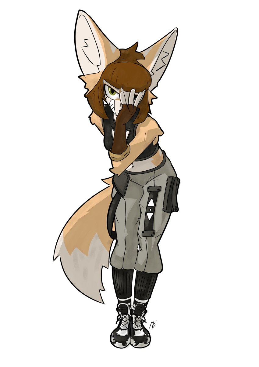 anthro big_ears brown_hair clothing dipstick_tail female fingerless_gloves gloves green_eyes hair hand_on_face handwear looking_at_viewer markings smile smiling_at_viewer smirk smirking_at_viewer solo streetwear tail tail_markings techwear yellow_body madfuzzer aria_maxwell canid canine fennec_fox fox mammal true_fox absurd_res hi_res